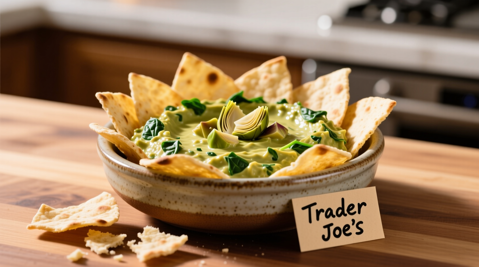 Trader Joe's spinach and artichoke dip served with pita chips