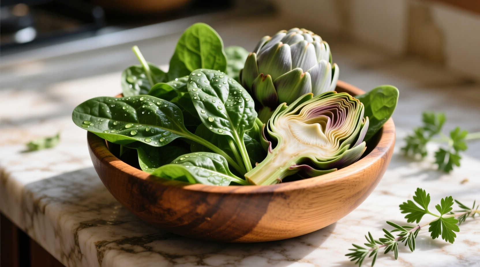 Fresh spinach and artichoke ingredients in wooden bowl
