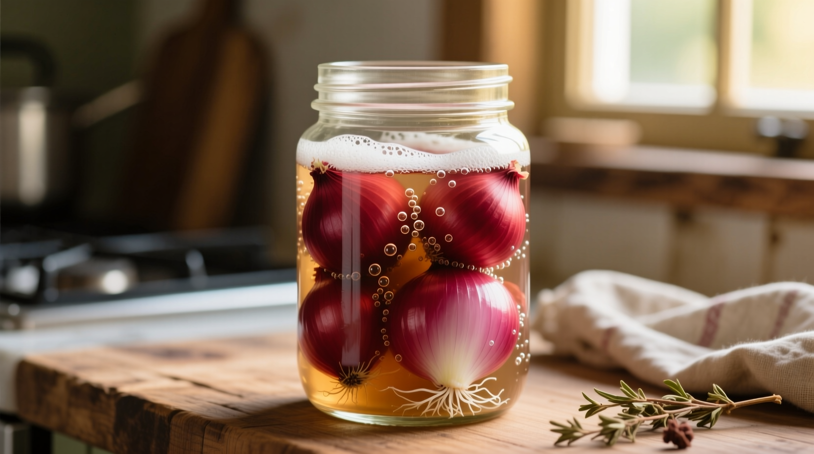 Fresh red onions in mason jar during fermentation process