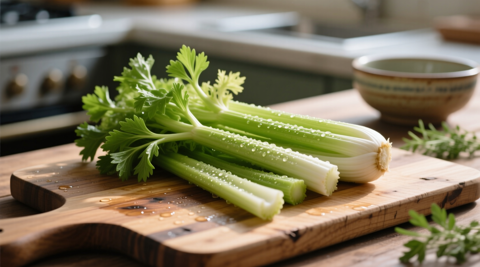 Fresh celery stalks on cutting board