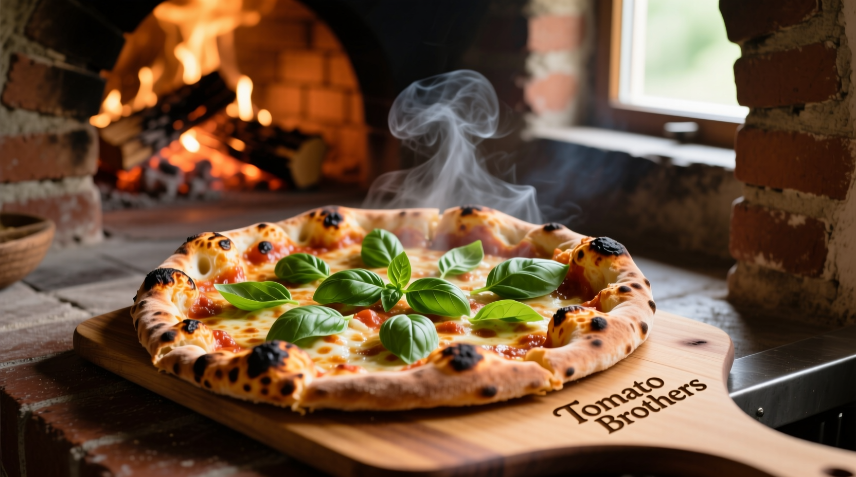 Tomato Brothers signature wood-fired pizza with fresh basil