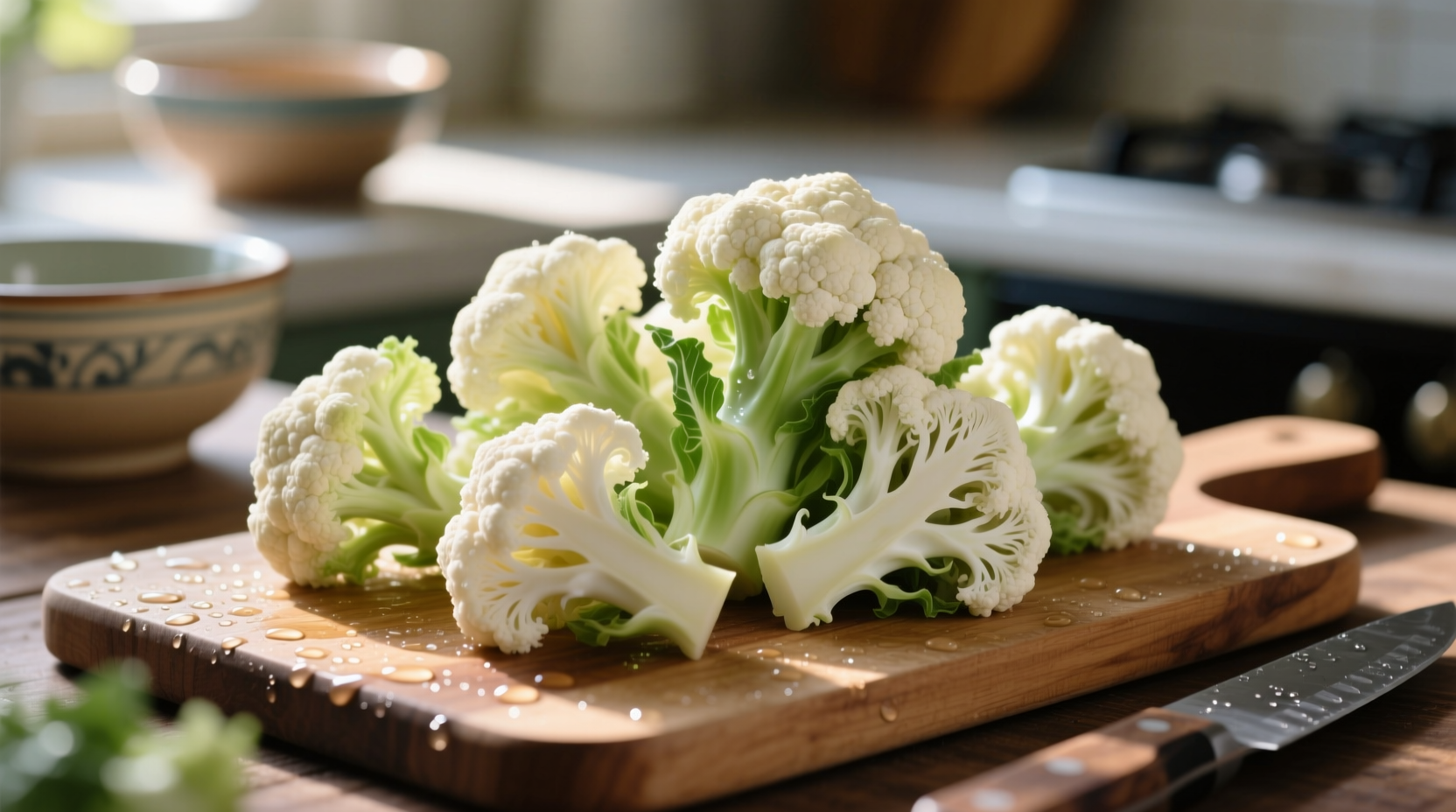 Fresh cauliflower florets on cutting board