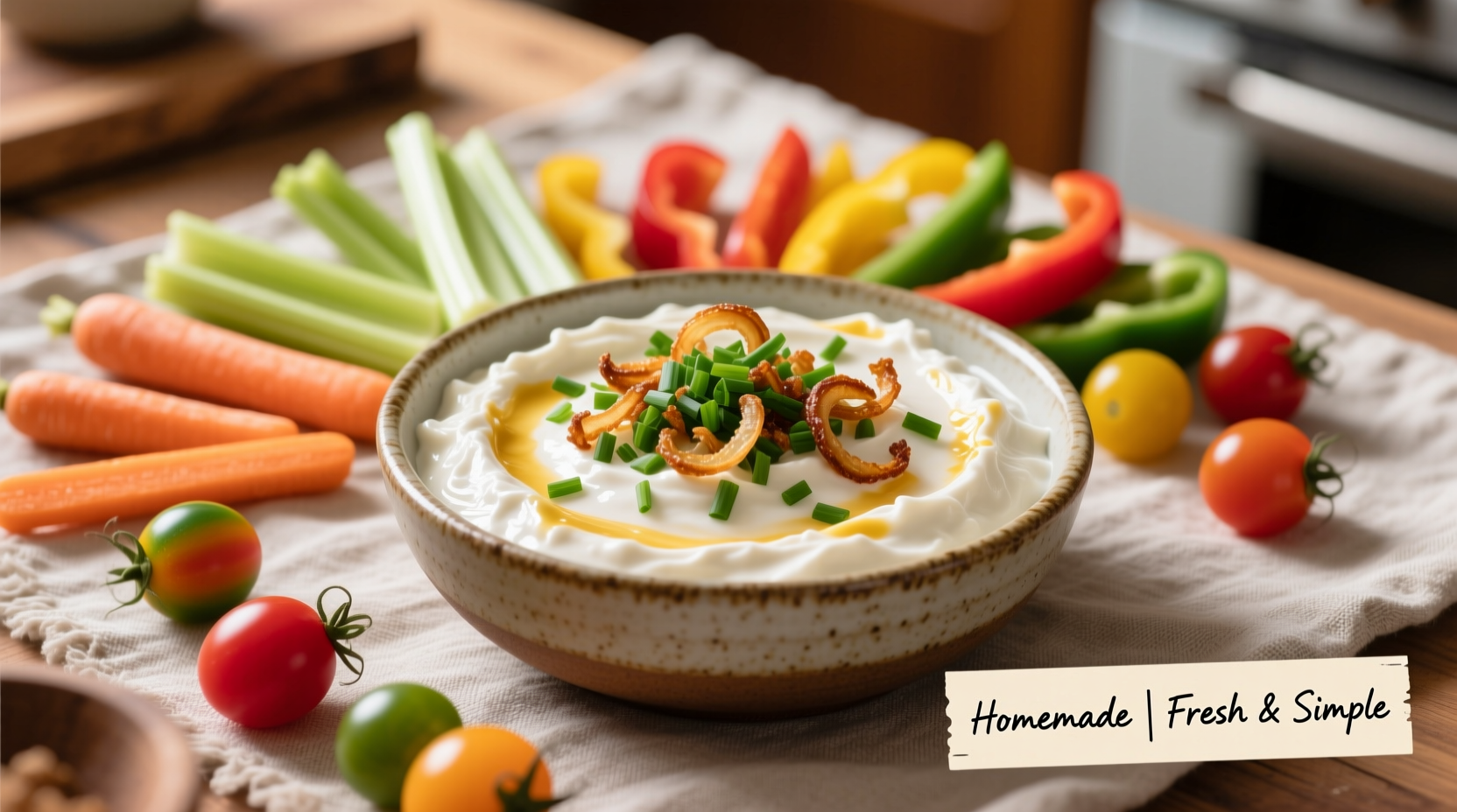 Homemade sour cream and onion dip with fresh vegetables