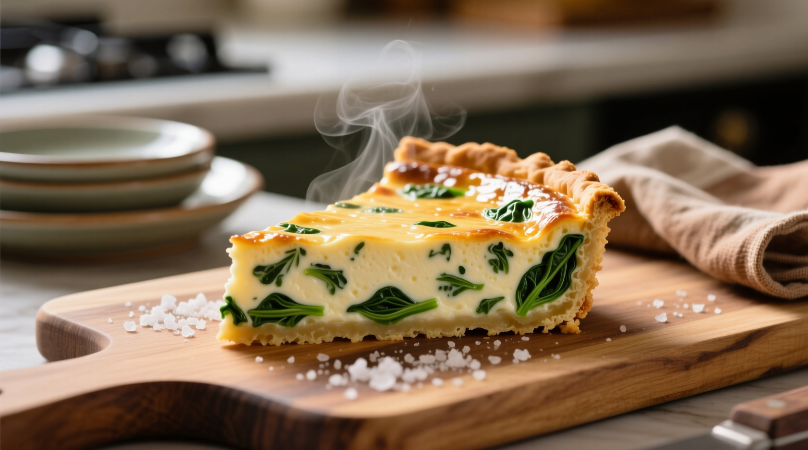 Crustless spinach quiche golden brown slice