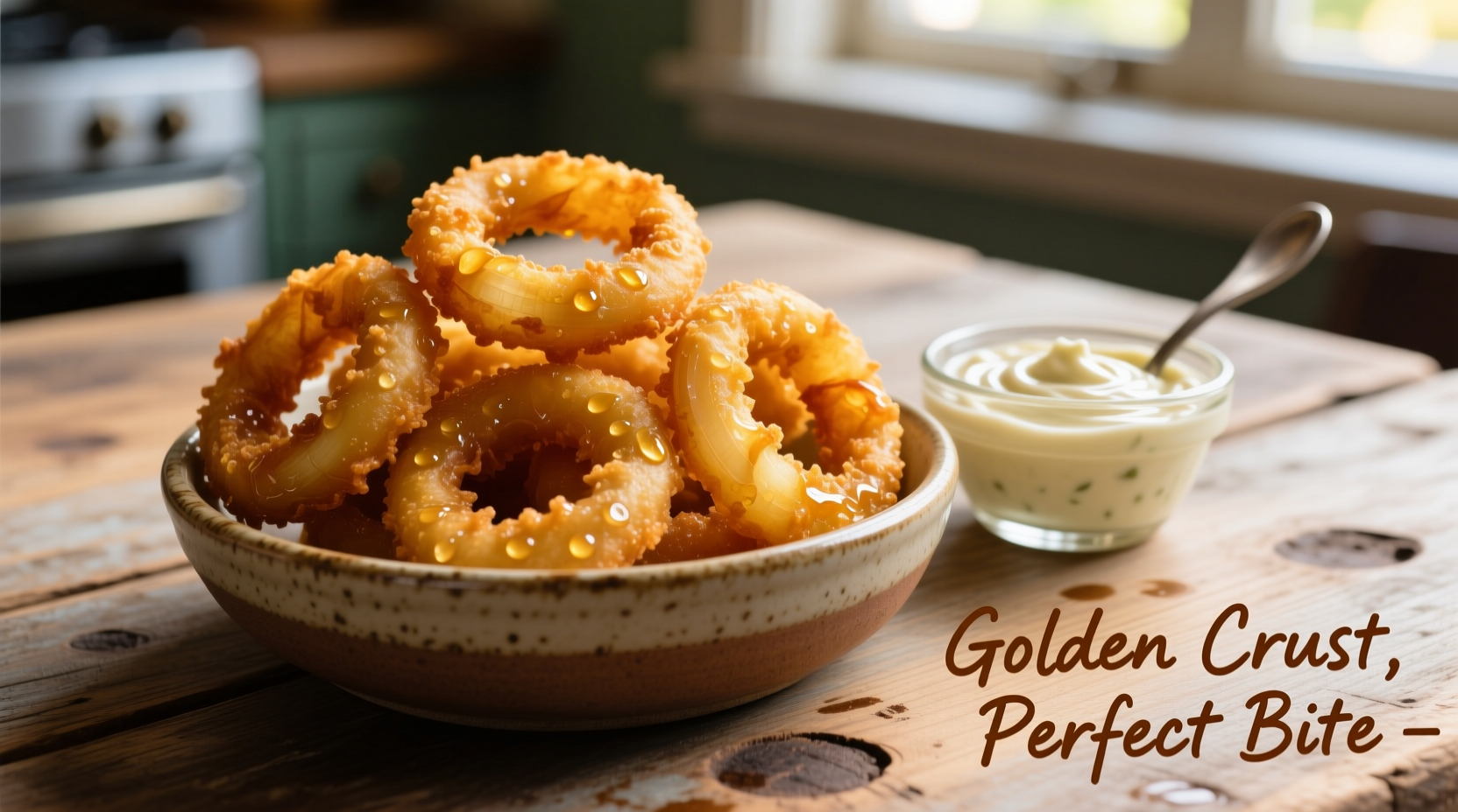 Crispy golden onion rings served with dipping sauce