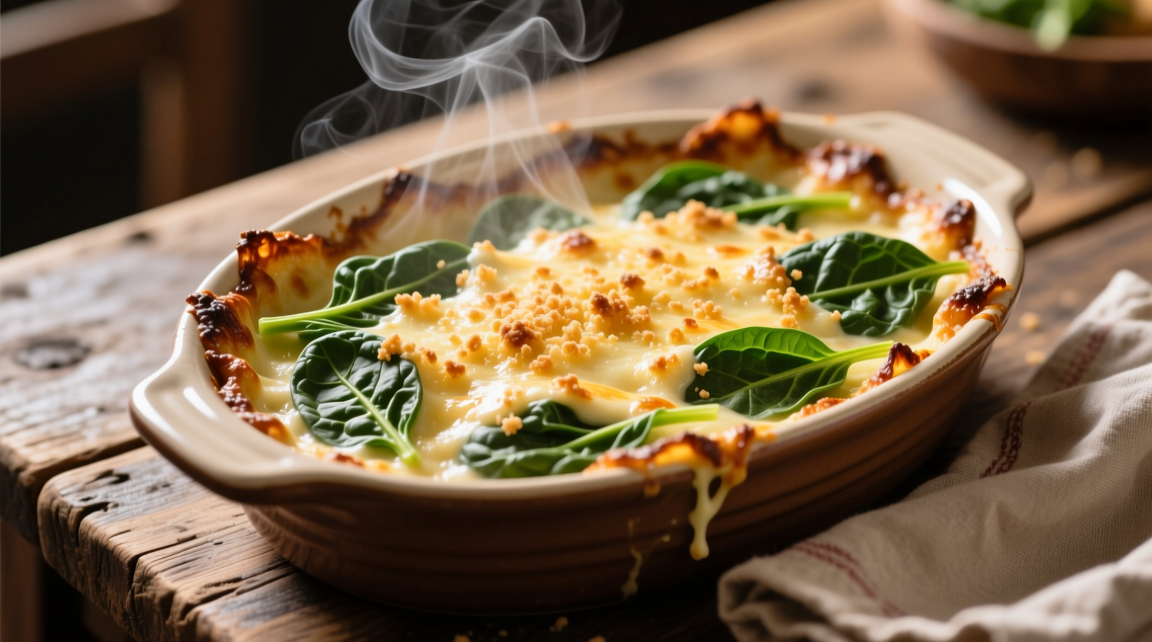 Golden brown spinach gratin fresh from oven