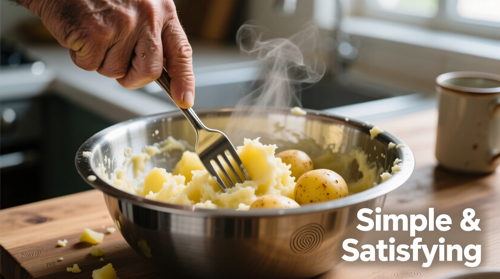Hand mashing boiled potatoes with fork in stainless steel bowl