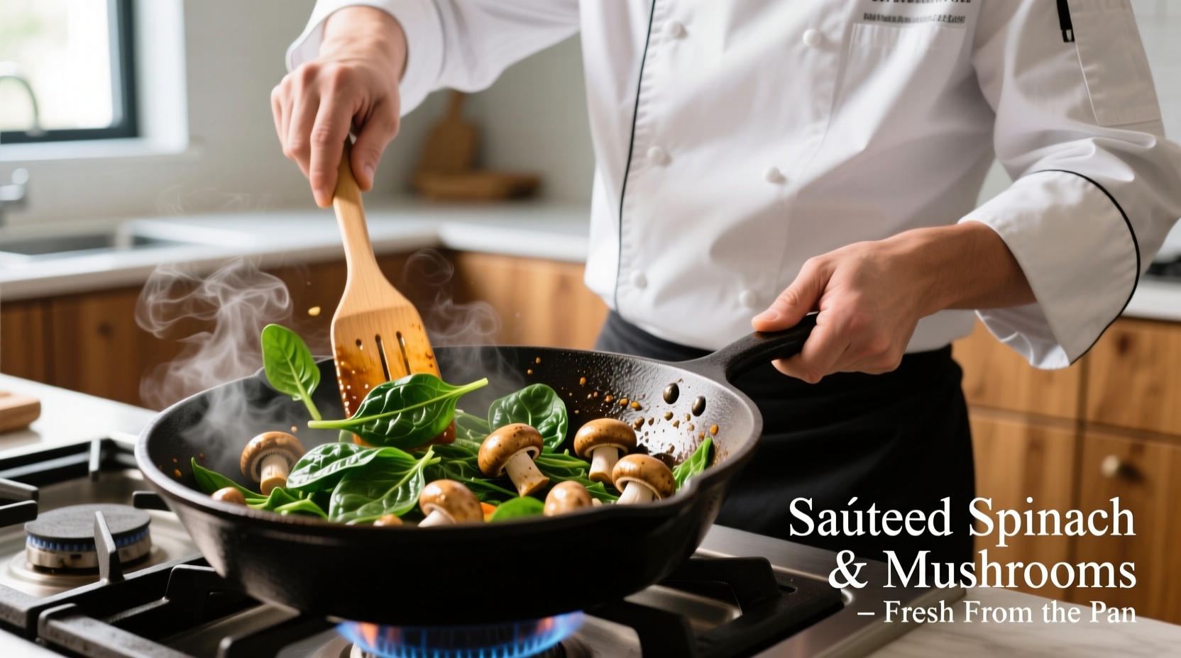 Chef sautéing spinach and mushrooms in cast iron skillet