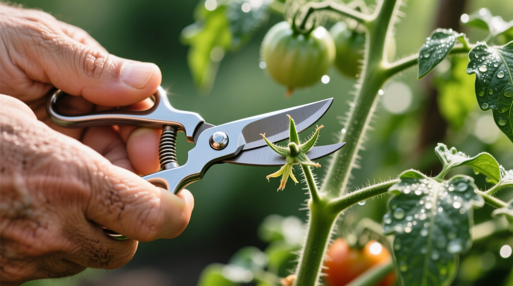Close-up of hand pruning tomato suckers with clean shears