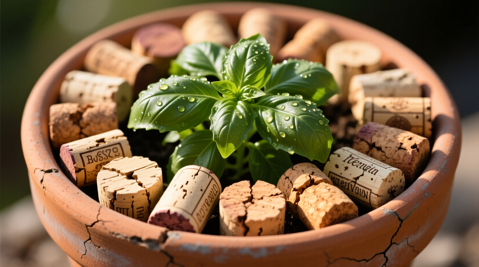 Close-up photo of rough-cut natural wine cork fragments arranged in a neat ring around the base of a terracotta pot holding vibrant basil, with no visible pests or damage