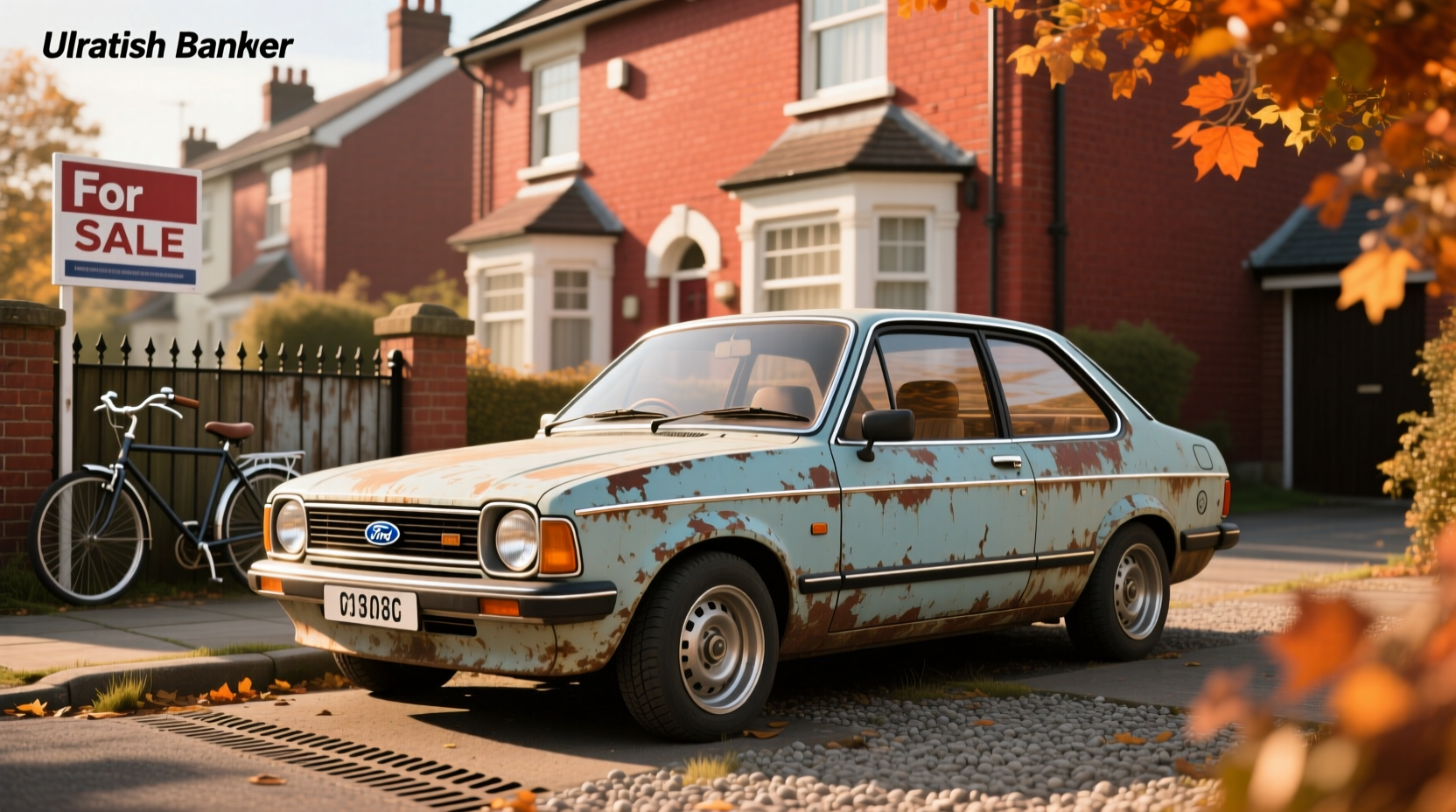Side view of 1980 Ford Escort hatchback on rural road
