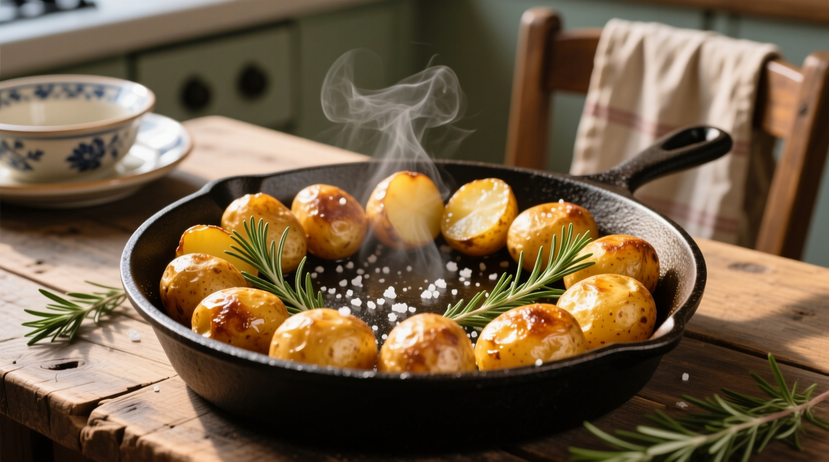 Golden brown fried potatoes in cast iron skillet
