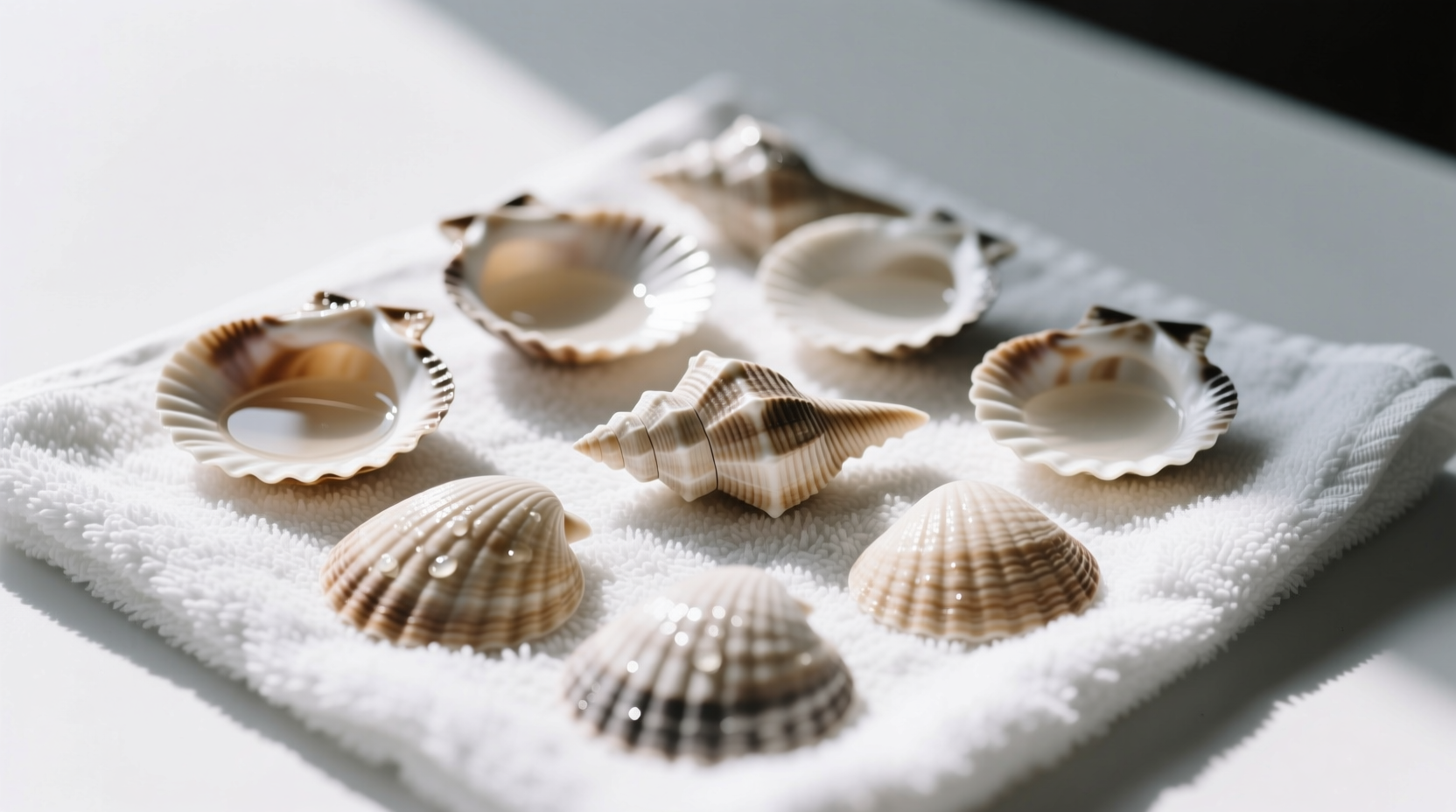 Close-up of cleaned seashells arranged on white towel after vinegar soak