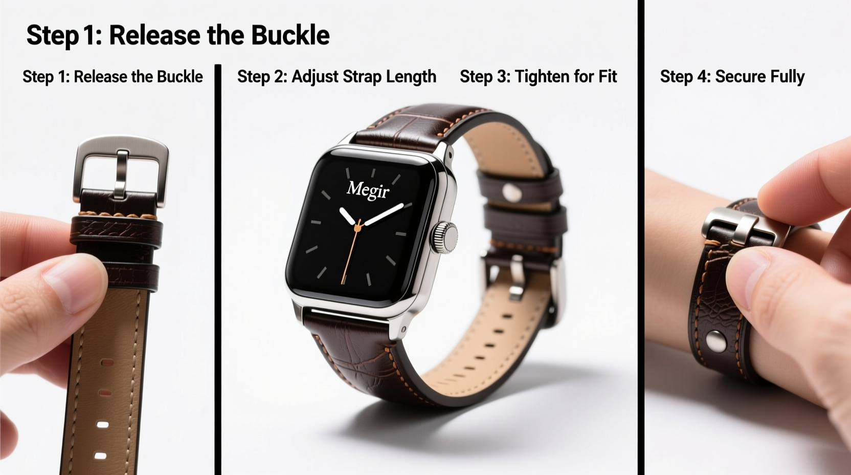 step by step guide to perfectly adjusting the leather strap on your megir watch