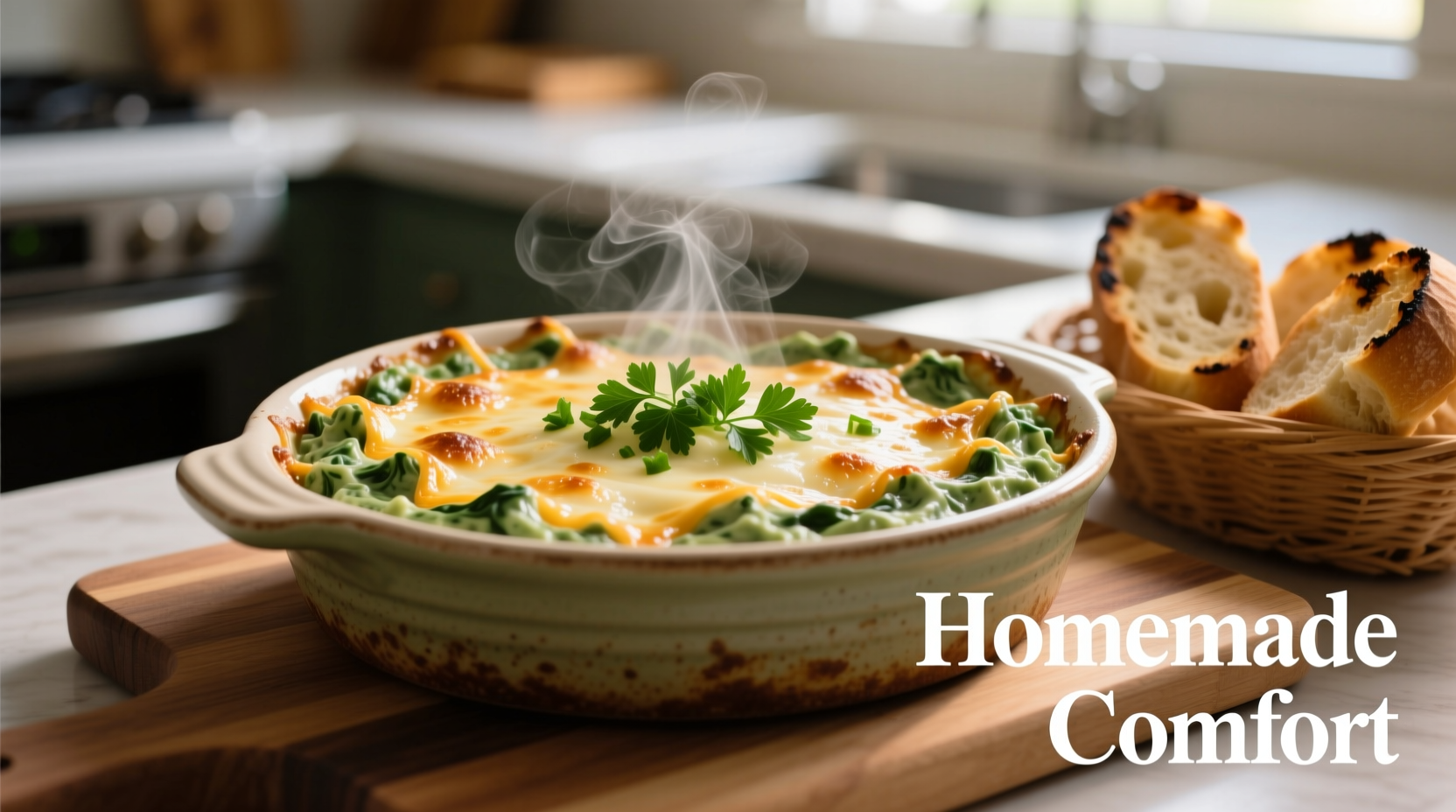 Creamy spinach and artichoke dip in baking dish