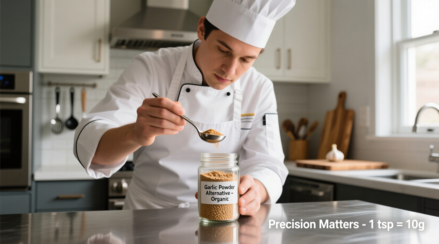 Chef measuring garlic powder substitute in kitchen