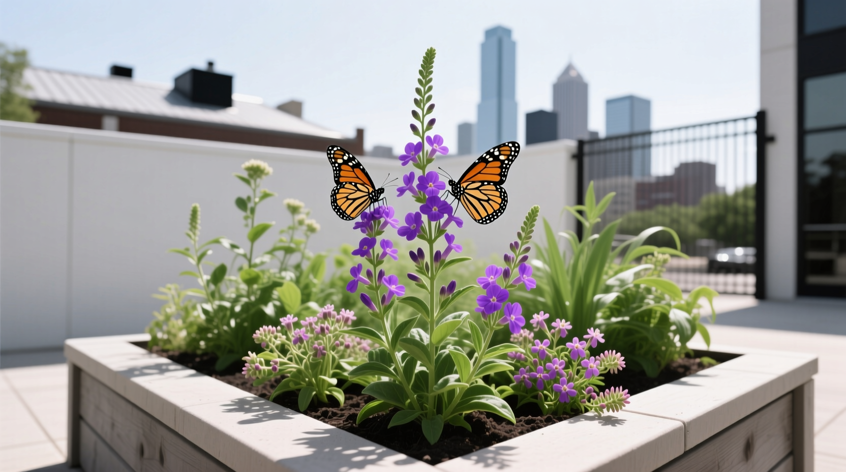 Compact Dallas butterfly garden in raised bed with Gregg's mistflower and milkweed