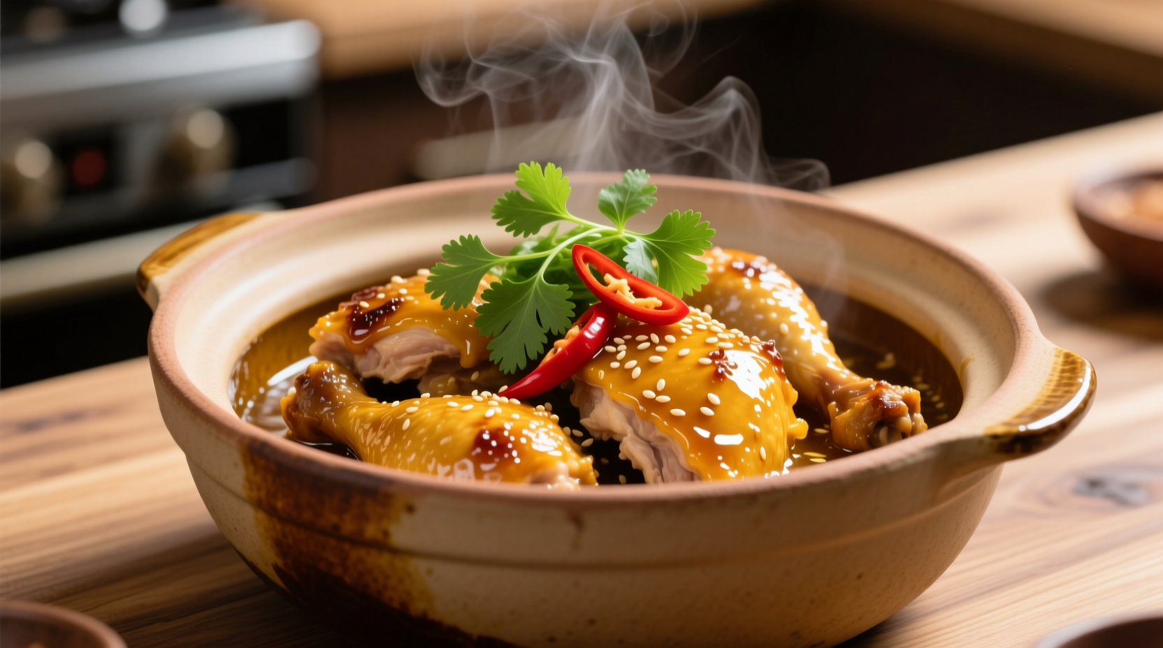 Golden honey garlic chicken in slow cooker with fresh garnishes