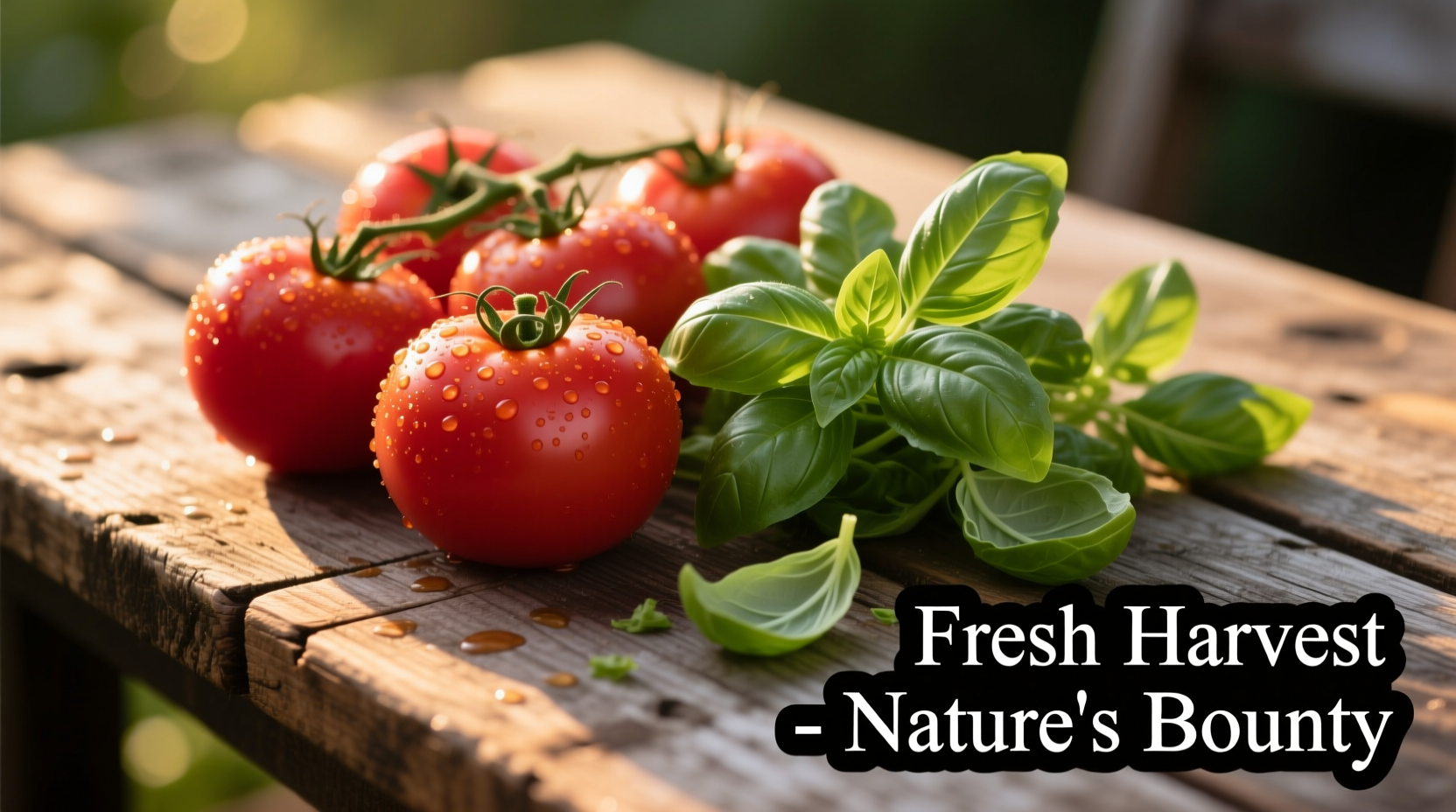 Fresh tomatoes on wooden table with basil