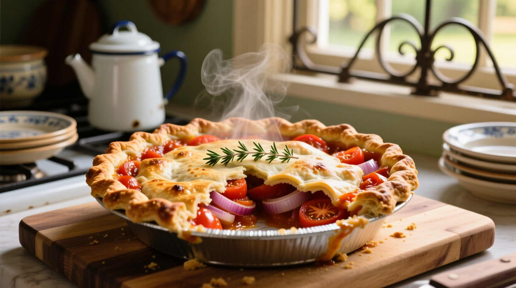 Southern tomato pie with golden crust and tomato filling