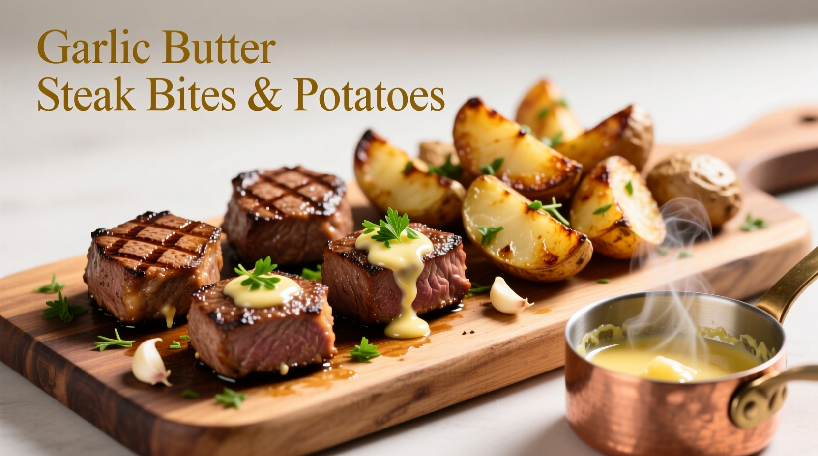 garlic butter steak bites and potatoes