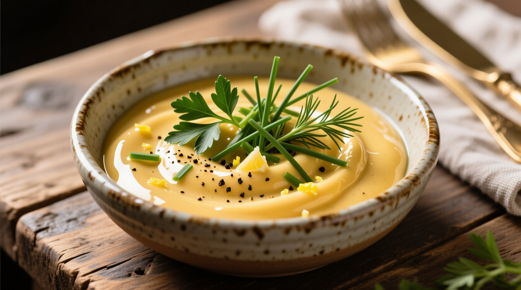 Golden garlic butter sauce in ceramic bowl with fresh herbs