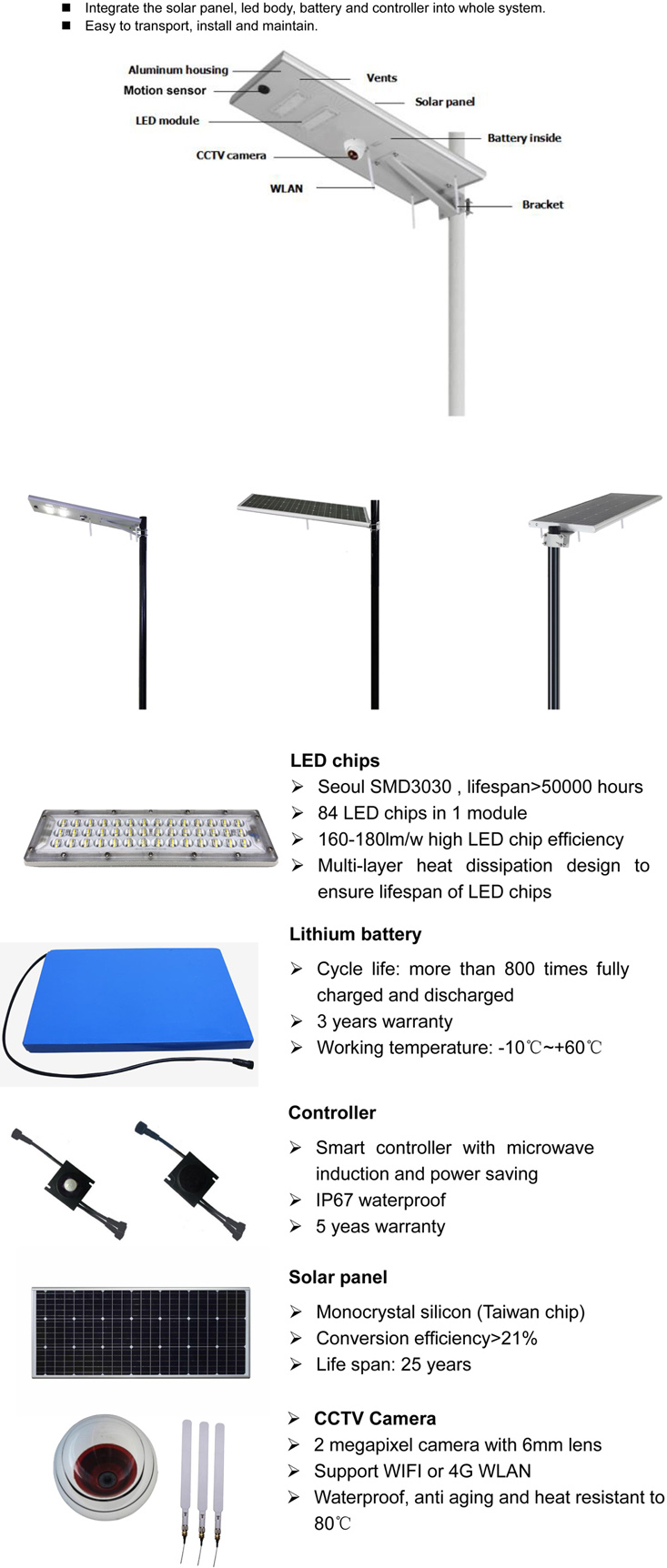 Integrated motion sensor IP65 outdoor 20w 40w 60w solar all in one street light with cameras price