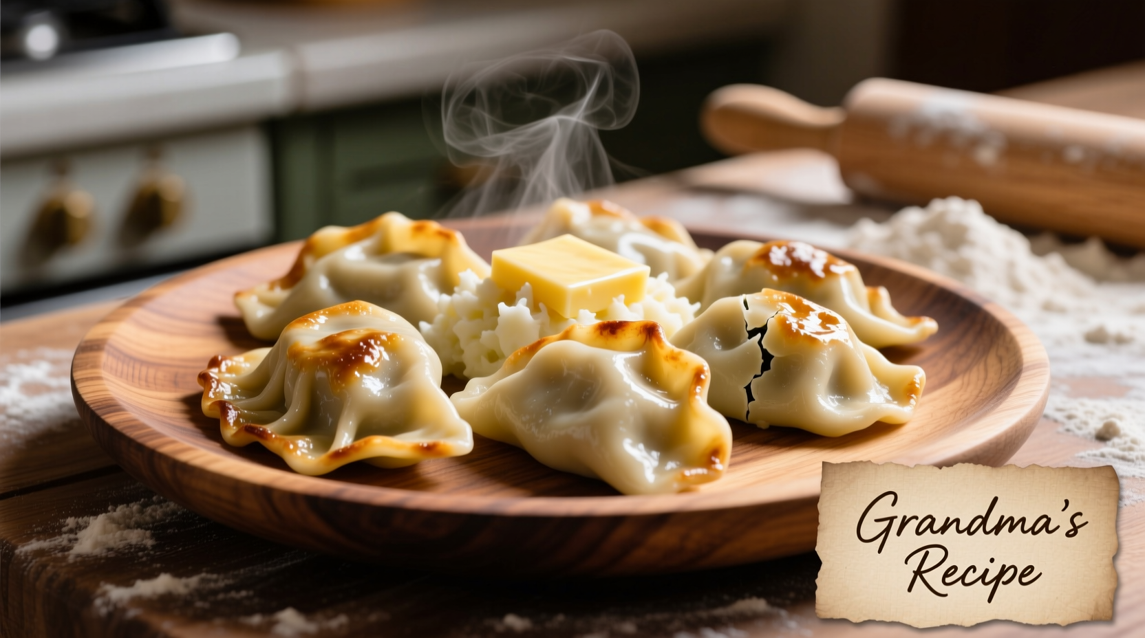 Homemade pierogi with cheese and potato on wooden plate