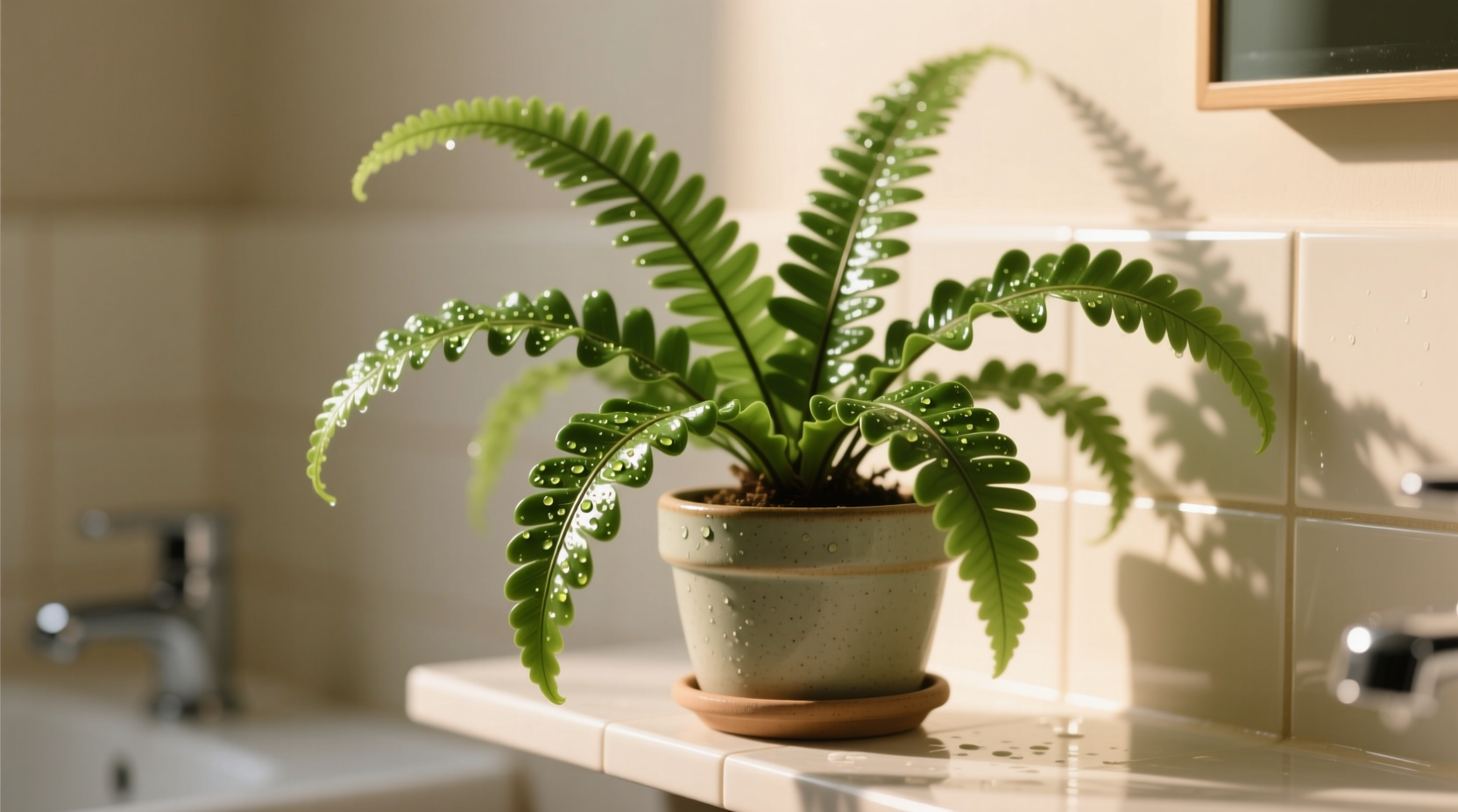 Hart's Tongue Fern with glossy green strap-like fronds in a ceramic pot on bathroom shelf