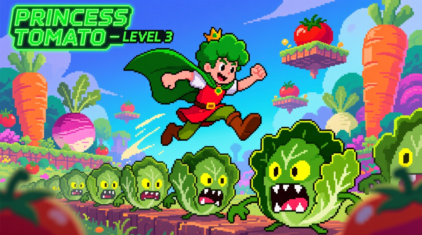 Princess Tomato game screenshot showing Prince Broccoli jumping over lettuce enemies