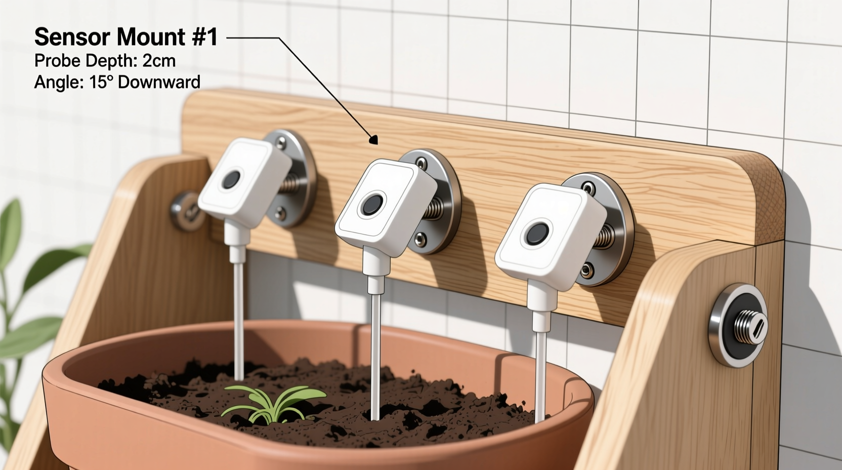 Side-view diagram showing a wooden plant shelf with three magnetic sensor mounts attached vertically to the front support rail; each holds a compact white sensor angled downward so its probe extends just below the pot rim into the soil