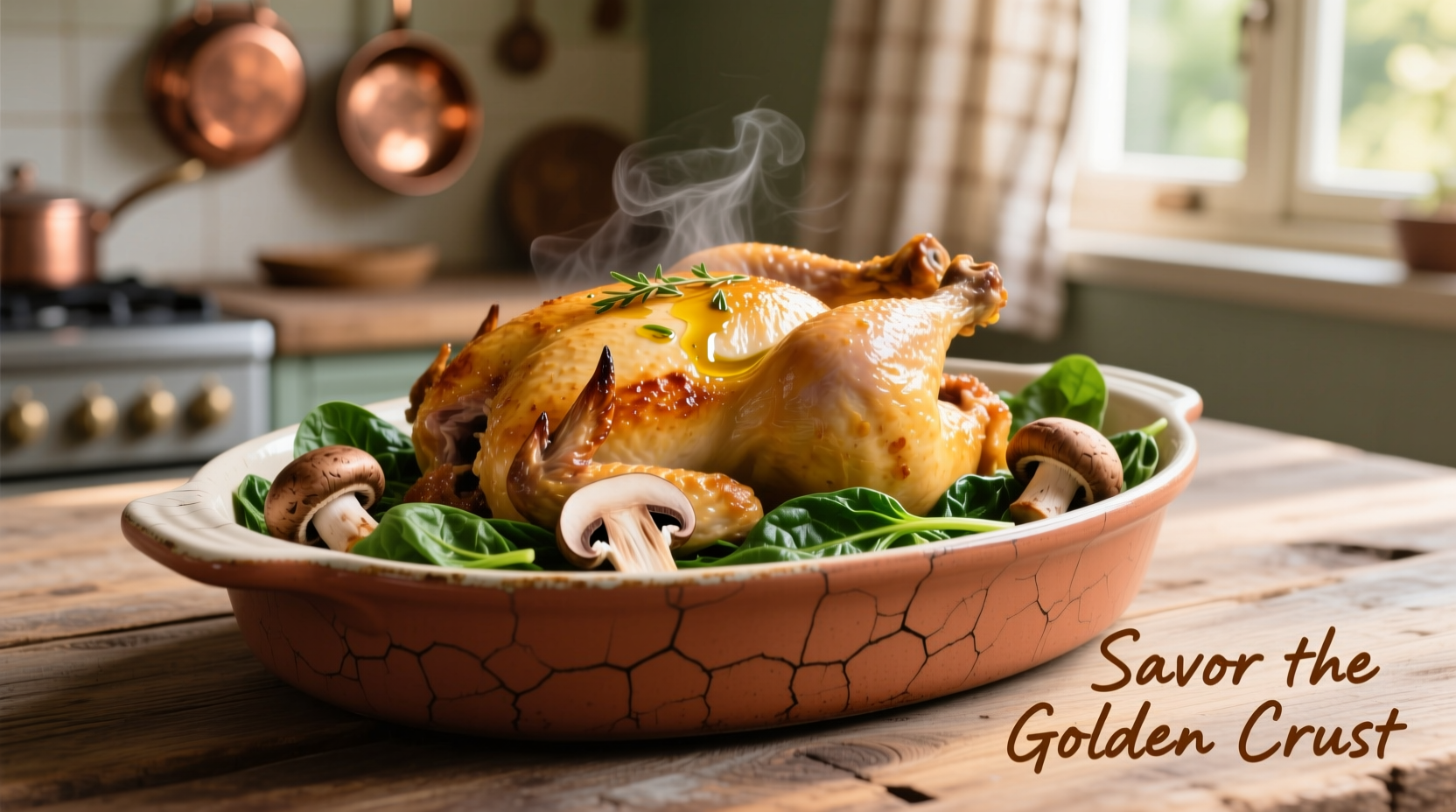 Golden baked chicken with spinach and mushrooms in ceramic dish
