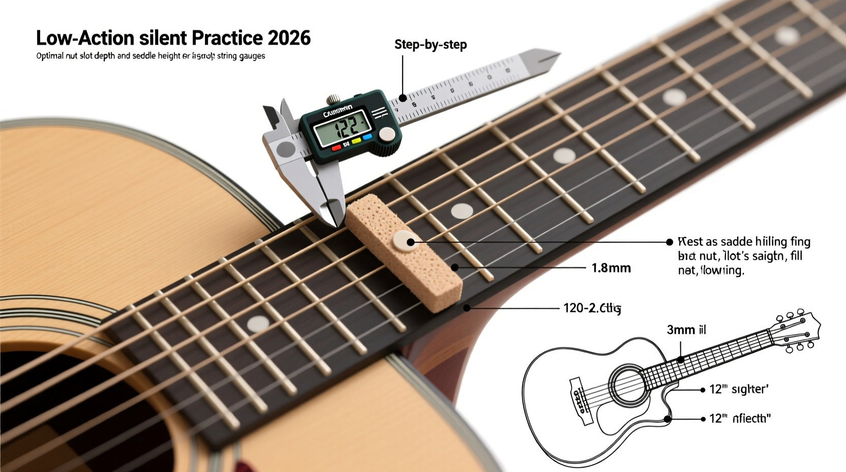 How to properly set up nut slot depth and saddle height on an acoustic guitar DIY set for low-action silent practice in 2026 — step-by-step with feeler gauges