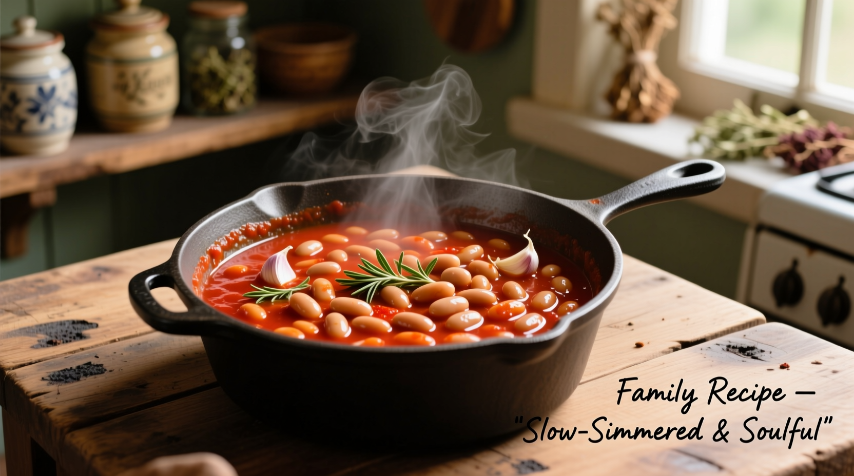 Homemade beans simmering in rich tomato sauce