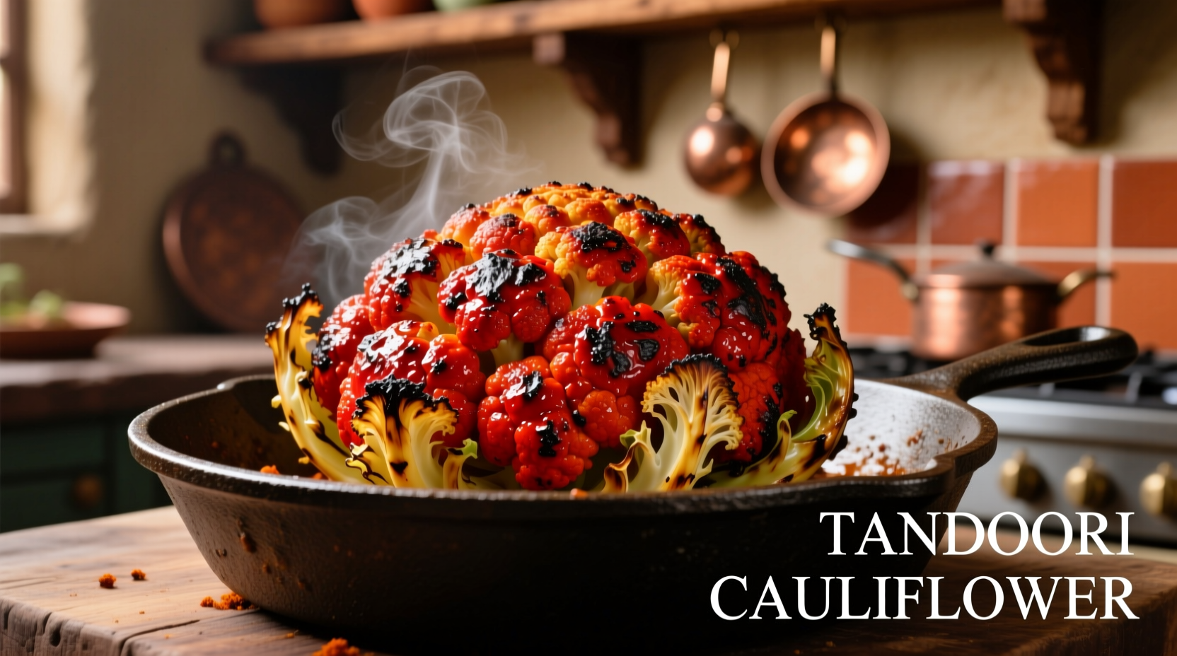 Perfectly roasted tandoori cauliflower with vibrant red color on cast iron skillet