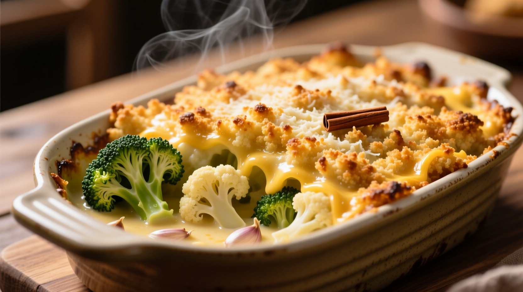 Golden broccoli cauliflower casserole with crispy topping