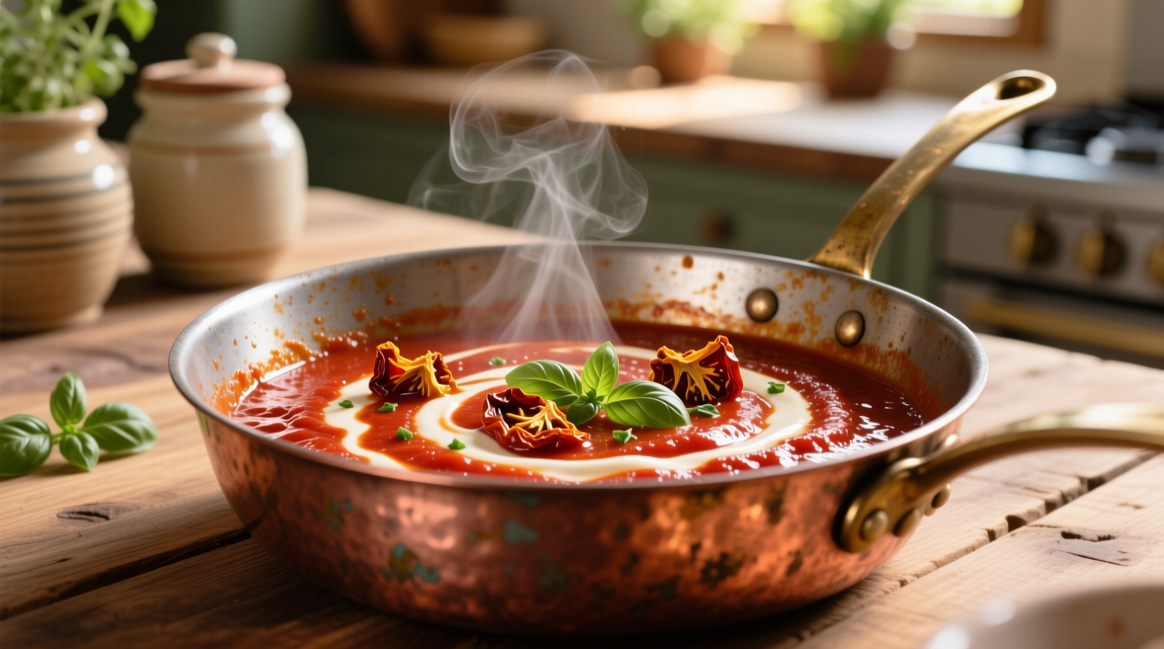 Homemade dried tomato cream sauce in copper pan