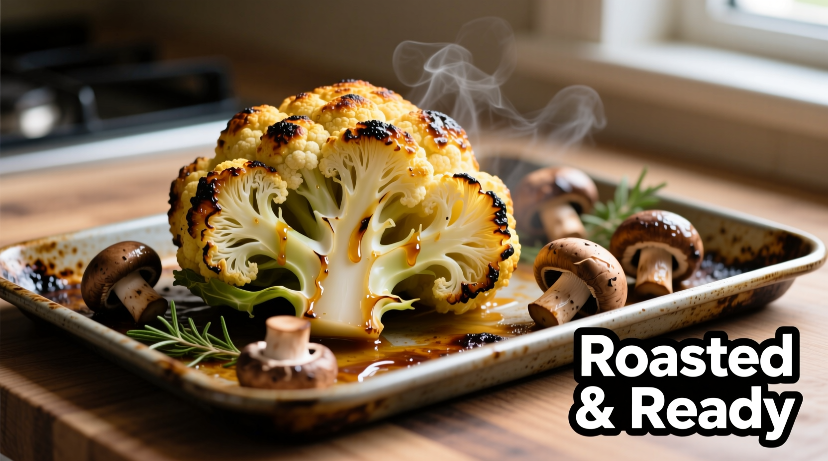 Perfectly roasted cauliflower and mushrooms on baking sheet