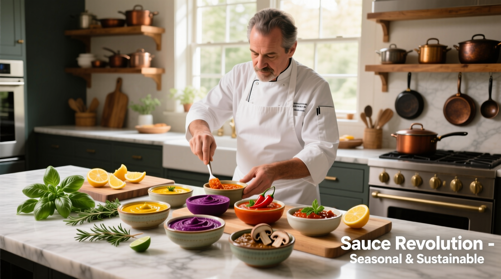 Chef preparing tomato sauce alternatives in kitchen