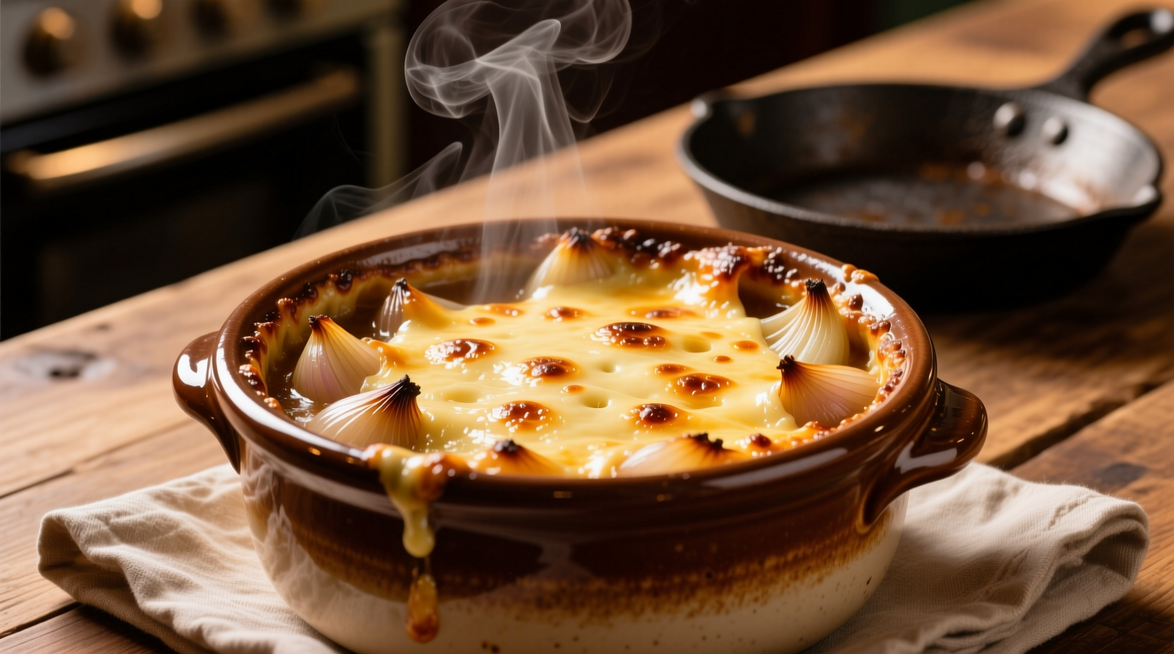 Longhorn French onion soup in oven-safe bowl with melted cheese topping