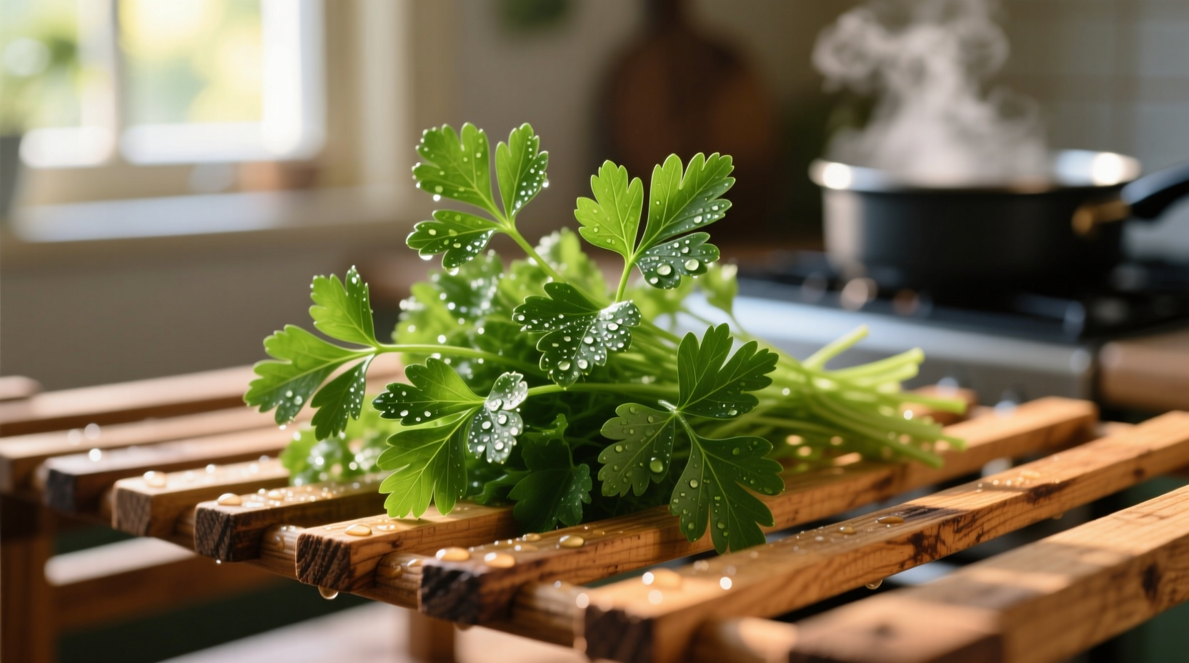 Fresh parsley bunch drying on wooden rack
