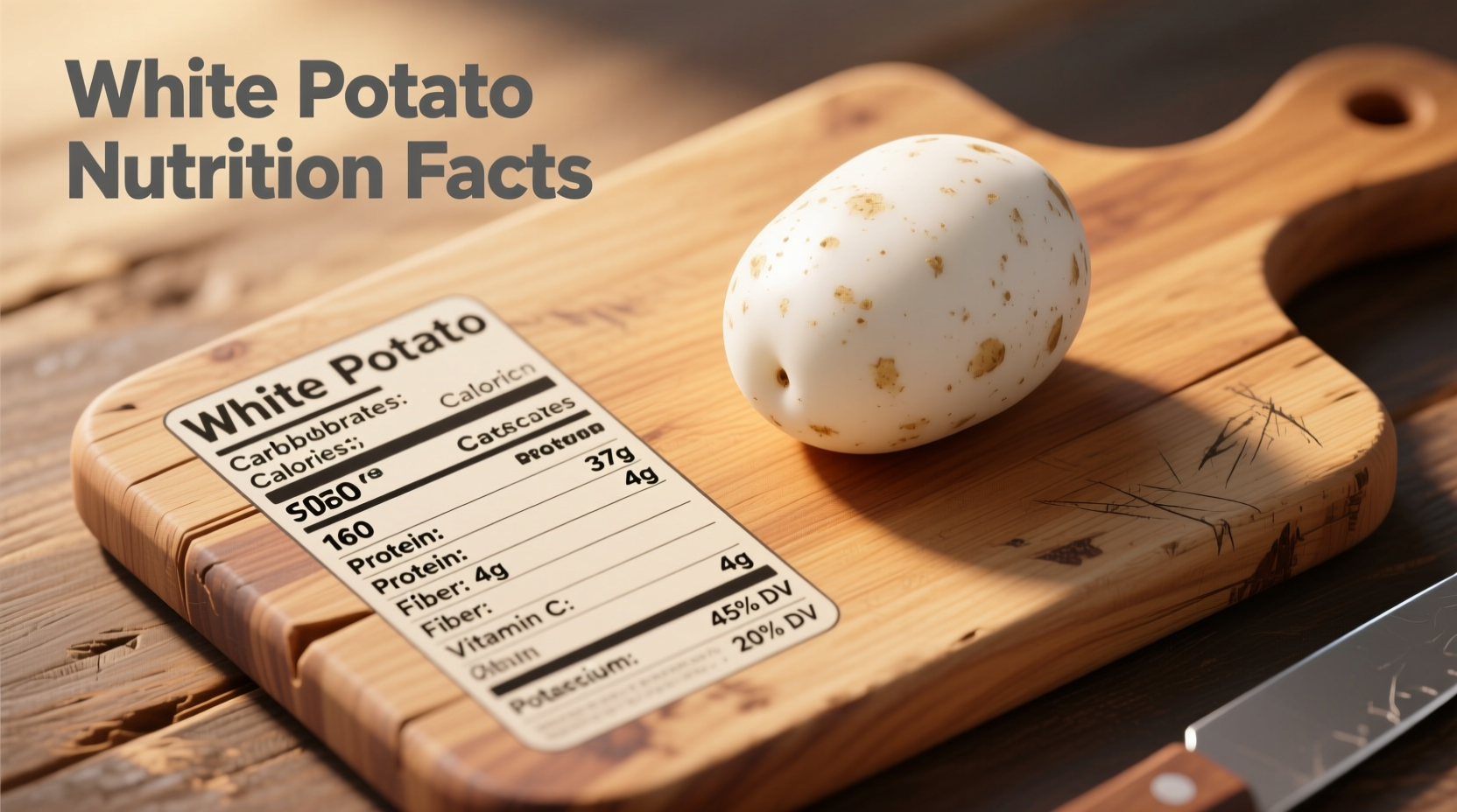 White potato nutrition facts on wooden cutting board