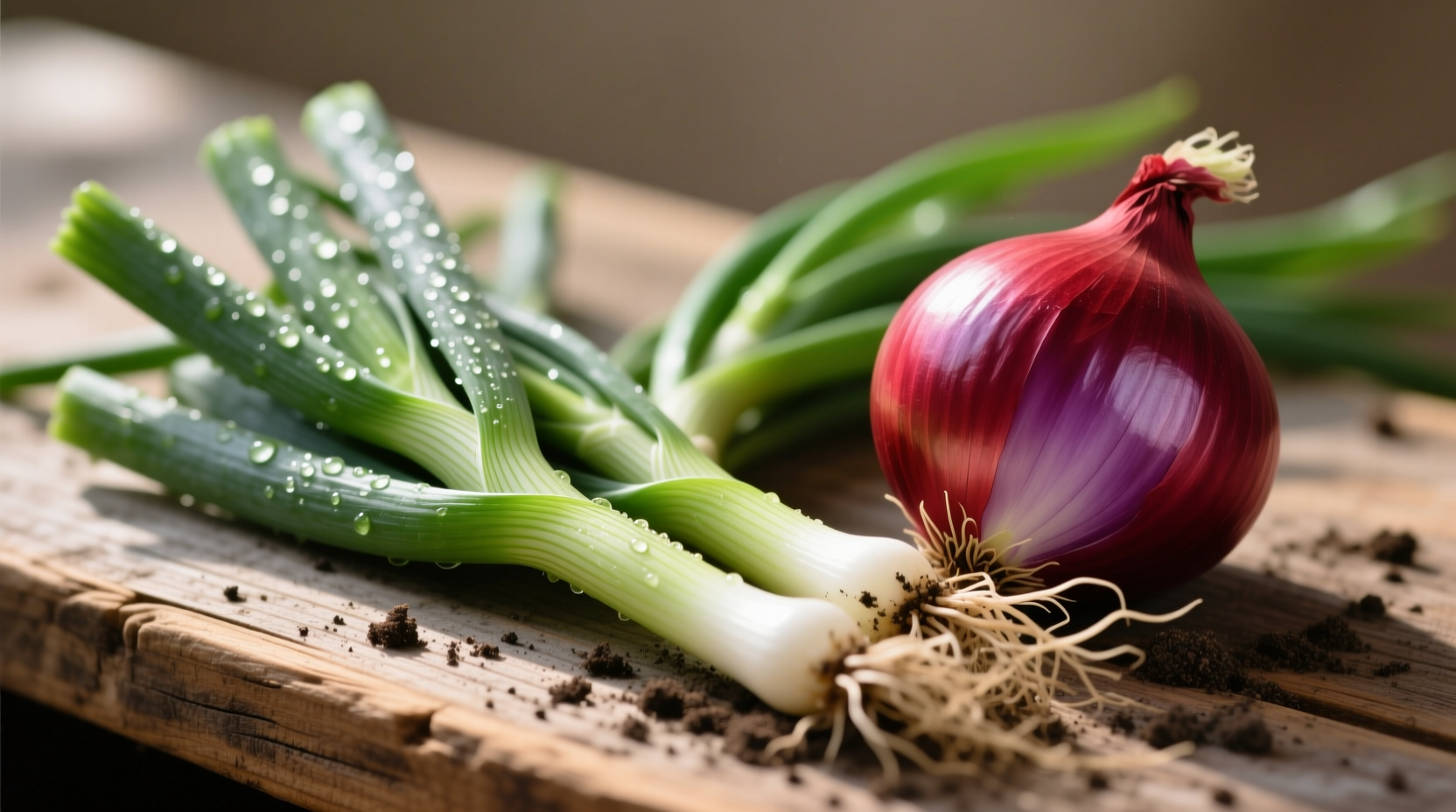 Fresh scallions and red onions side by side
