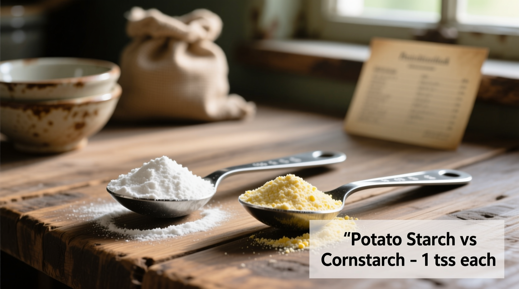 Potato starch and cornstarch side by side in measuring spoons