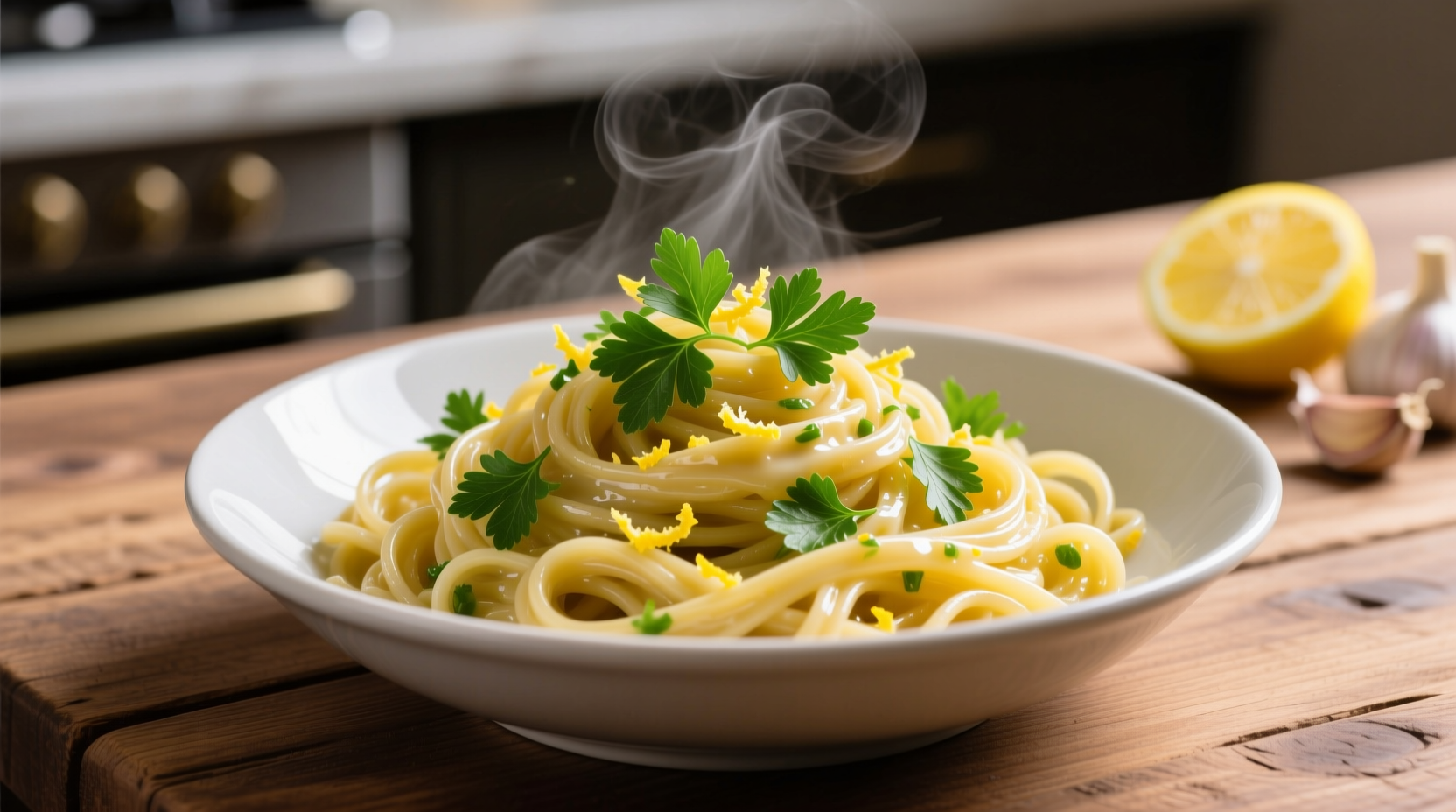 Fresh lemon garlic pasta with parsley garnish