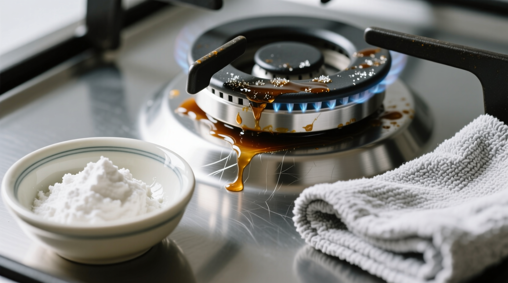 Close-up of a stainless steel stove back panel with visible grease splatter, beside a hand applying off-white paste with a silicone spatula; microfiber cloth and soft toothbrush rest nearby on a clean counter