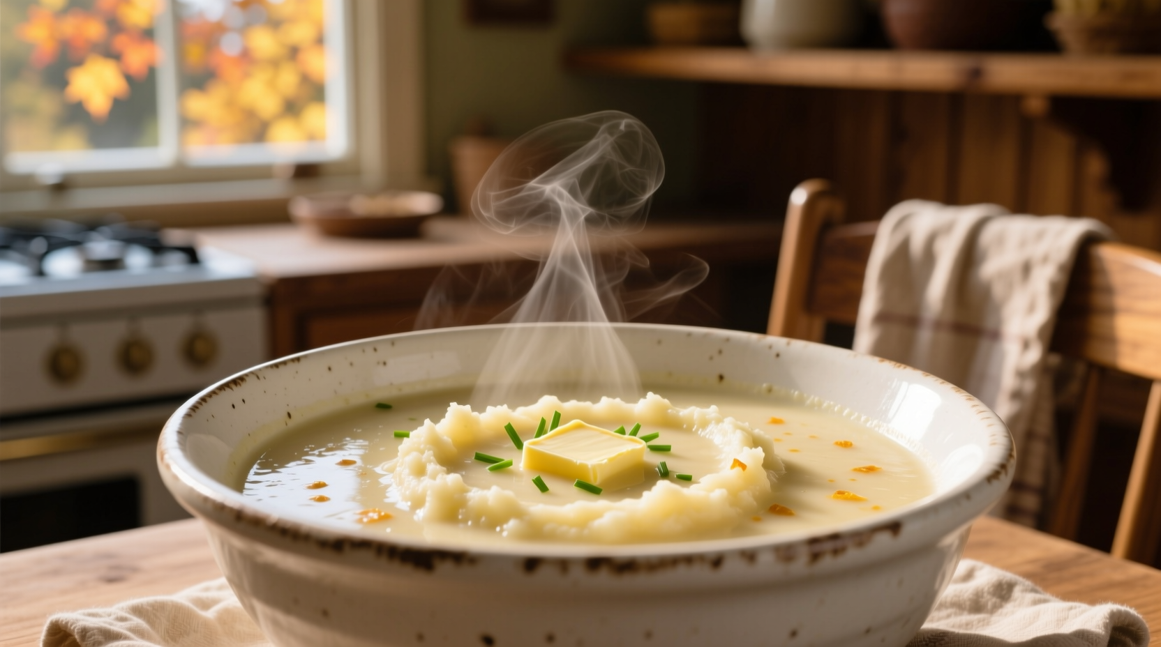 Creamy leftover mashed potato soup in white bowl