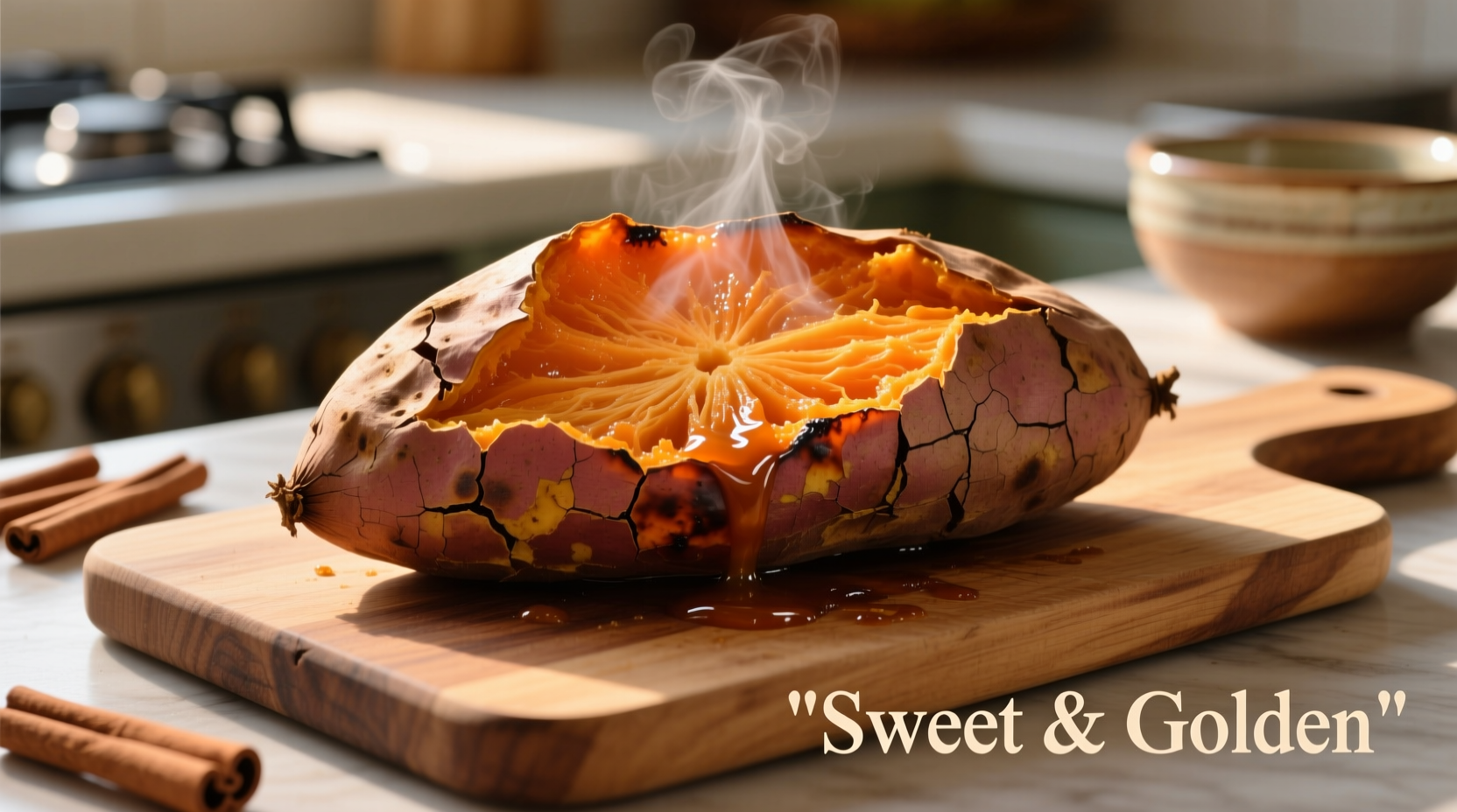 Baked sweet potato with skin showing cross-section