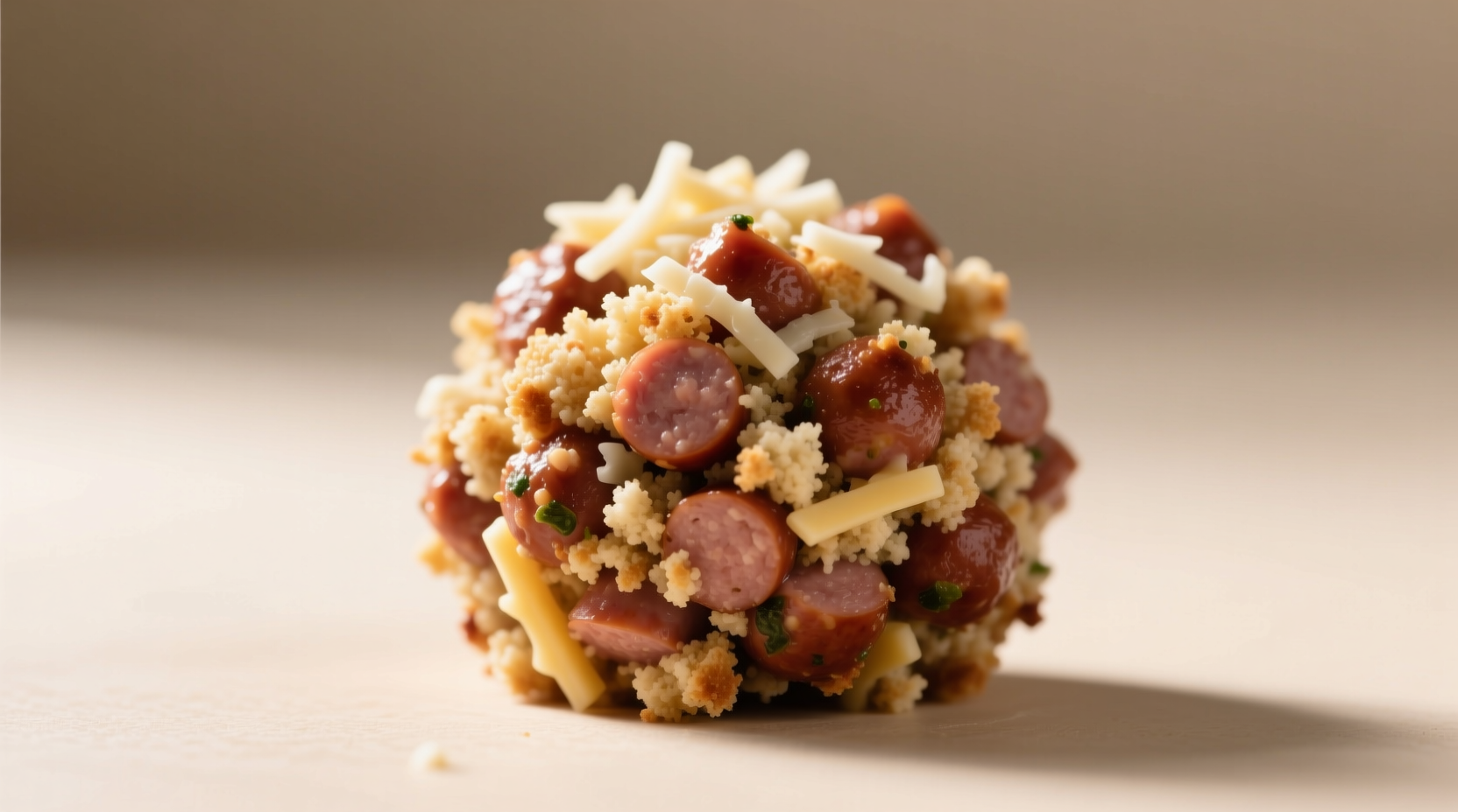 Close-up of sausage ball mixture showing ideal crumb structure before baking
