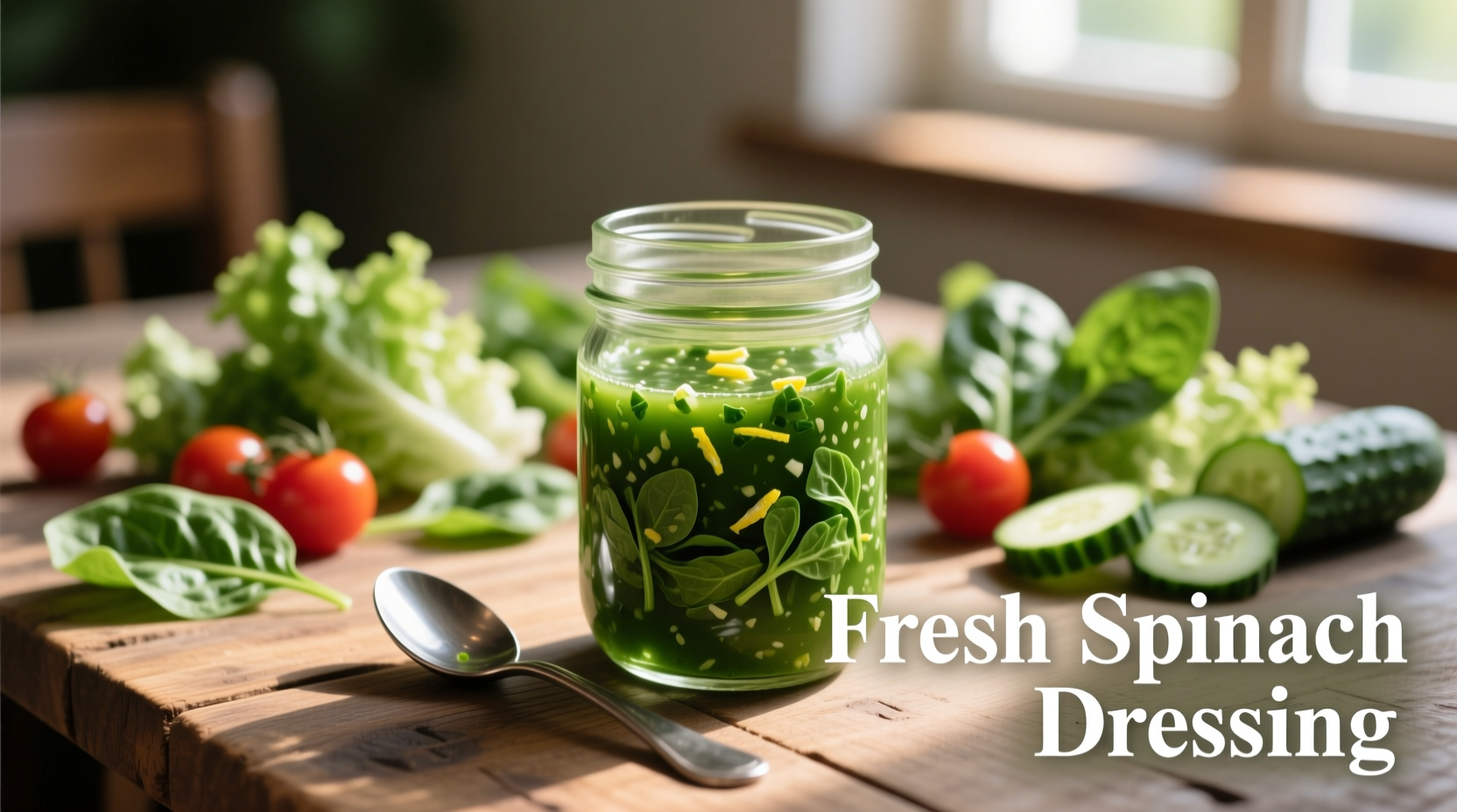 Fresh spinach dressing in mason jar with salad